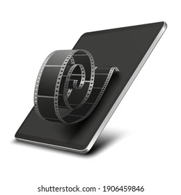 Tablet pc computer with empty 35 mm photographic filmstrip reel on black screen isolated on white background. Vector illustration. EPS10.