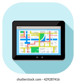 Tablet pc computer internet icon displaying navigation website page.
Vector illustration of a modern tablet with location map.
Tablet technology with map website information.