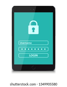 Tablet pc computer with login and password form page on trendy color screen. Username and password fields. Vector illustration.