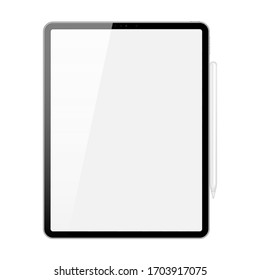 Tablet pc computer with stylus isolated on white background. Realistic vector illustration