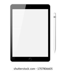 Tablet pc computer with stylus isolated on white background. Realistic vector illustration