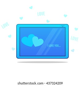 Tablet pc computer with two hearts and a declaration of love. Vector