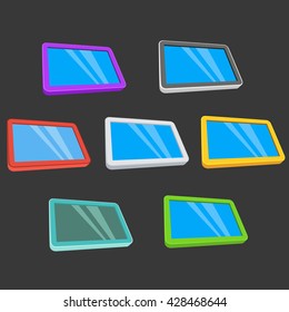 Tablet pc computers set with blank screen. Vector illustration of lcd screen pad on black background. Ad template for your apps design.