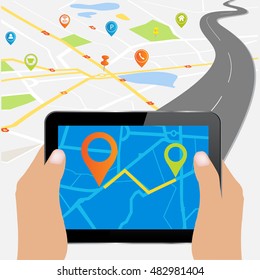 Tablet PC with detailed vector map with colorful pins indicating locations.City map with navigation icons. Hands with Tablet PC .Mobile Technologies Concept