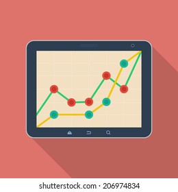 Tablet PC with a diagram icon. Modern Flat style with a long shadow