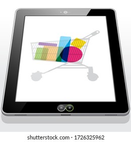 A Tablet PC displaying a shopping cart filled with online purchased goods.