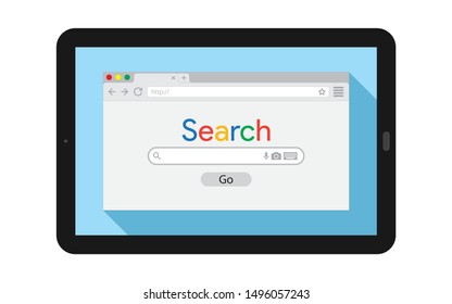 Tablet PC with flat style browser window on blue background. Search engine illustration. 