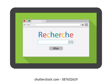 Tablet PC with flat style browser window on green background. Search engine illustration. Inscriptions "Search" and button "Go" in French language. 