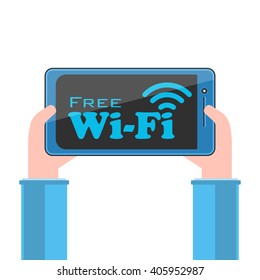 Tablet PC with free wi-fi sign on screen in human hands. Flat style vector illustration isolated on white background