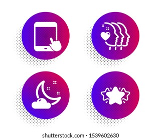 Tablet pc, Friends couple and Night weather icons simple set. Halftone dots button. Star sign. Touchscreen gadget, Friendship, Sleep. Favorite. Business set. Classic flat tablet pc icon. Vector