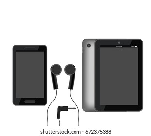 Tablet PC in front and behind.Phone. Headphones.Vector illustrations.