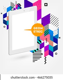 Tablet PC with geometric abstract background, vector