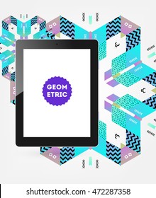 Tablet PC with geometric abstract background, vector