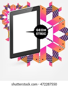 Tablet PC with geometric abstract background, vector