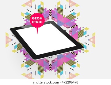 Tablet PC with geometric abstract background, vector