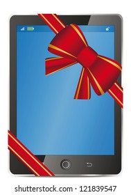 Tablet pc with gift red bow and ribbon. Vector illustration