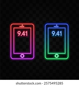 Tablet PC. Glowing neon icon on brick wall background.