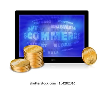 Tablet pc with golden coins isolated on the white background