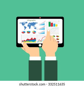 Tablet PC with graphs and diagrams on the screen. Finance statistics report, statistic analysis.Flat design illustration concepts.