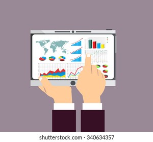 Tablet PC with graphs and diagrams on the screen. Finance statistics report, statistic analysis.Flat design illustration concepts.