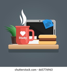 tablet pc with hamburger, plant, books and cup