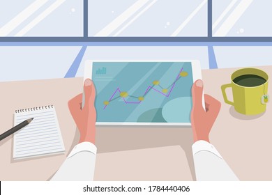 Tablet pc in hand. The businessman in the office works and analyzes the graphs of statistics. Mobile work, financial reports. Vector illustration in flat style, EPS10.