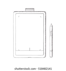 Tablet PC hand drawn vector illustration. A graphics tablet with pen. Doodle, sketch style. Abstract illustration with engraving effect. Template for design, mockup.