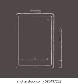 Tablet PC hand drawn vector illustration. A graphics tablet with pen. Doodle, sketch style. Abstract illustration with engraving effect.