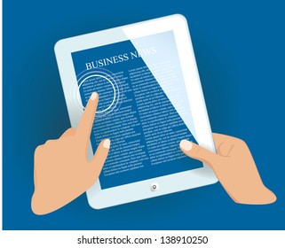 Tablet pc in hands with news page. Vector eps10 illustration.