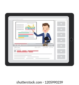 Tablet PC with handsome influencer caucasian businessman.Learning by the webinar training.Isolated on white background.Flat vector illustration