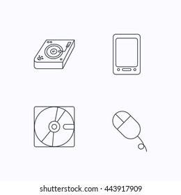Tablet PC, Hard disk and pc mouse icons. Club music linear sign. Flat linear icons on white background. Vector