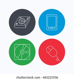 Tablet PC, Hard disk and pc mouse icons. Club music linear sign. Linear icons on colored buttons. Flat web symbols. Vector