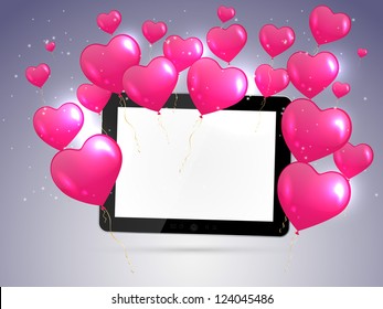 Tablet pc with hearts. Vector illustration.