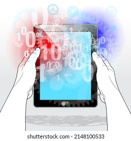 A Tablet PC held vertically with a collection information binary numbers, linked circles and gear motifs emitting from and around the bright device display screen.