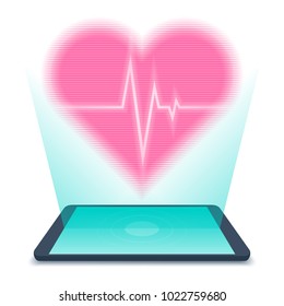Tablet PC and hologram of human heart over the screen. Flat vector illustration of virtual patient's heart with pulse line. Science, telemedicine, future, tele medicine concept isolated on white.