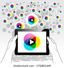 A Tablet PC horizontally held in both hands. A "Media Play" icon is presented on screen. A Network collection of links connect the range of media content available to Play.