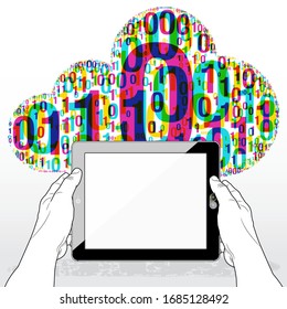 A Tablet PC horizontally held firmly in both hands. A "Binary Data Cloud" icon sits in the illustration background casting a light drop shadow.