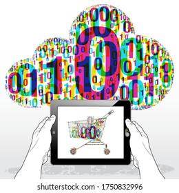 A Tablet PC horizontally held firmly in both hands. A "Binary Shopping Cart" icon is presented on screen. A digital cloud is visible in the background representing the digital information cloud.