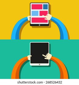 Tablet PC in human hands. Flat style vector illustration