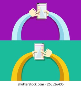 Tablet PC in human hands. Flat style vector illustration