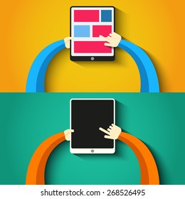 Tablet PC in human hands. Flat style vector illustration