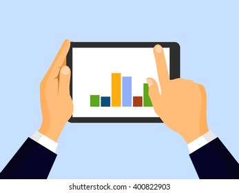 Tablet PC in human hands. Flat style vector illustration