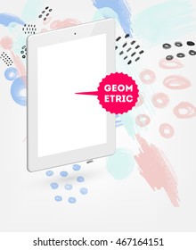 Tablet PC icon with abstract watercolor hipster background design. All aquarelle elements are monochrome and easy to recolor.