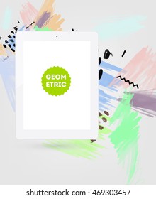 Tablet PC icon with abstract watercolor hipster background design. All aquarelle elements are monochrome and easy to recolor.