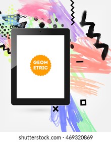 Tablet PC icon with abstract watercolor hipster background design. All aquarelle elements are monochrome and easy to recolor.