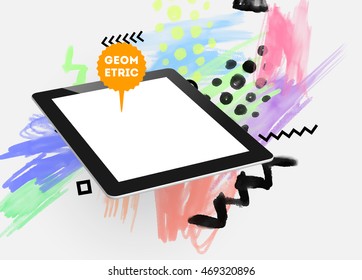 Tablet PC icon with abstract watercolor hipster background design. All aquarelle elements are monochrome and easy to recolor.