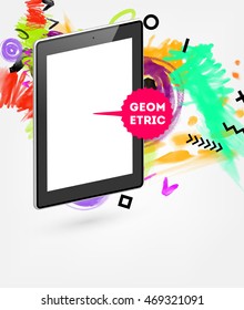Ícone do Tablet PC com design de plano de fundo hipster de aquarela abstrata. Todos os elementos aquarelle são monocromáticos e fáceis de recolorir.