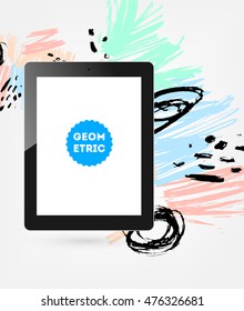 Tablet pc icon with abstract watercolor hipster background design. All aquarelle elements are monochrome and easy to recolor.