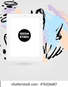 Tablet pc icon with abstract watercolor hipster background design. All aquarelle elements are monochrome and easy to recolor.