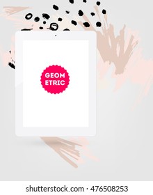 Tablet pc icon with abstract watercolor hipster background design. All aquarelle elements are monochrome and easy to recolor.